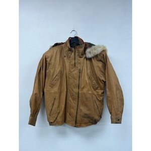 VTG Winlit Leather Jacket Mens Large Brown Hooded Faux Fur Lined Bomber Coat 90s